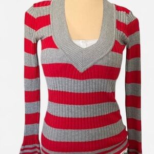 Energie Red & Gray Striped Ribbed Sweater – V-Neck, Fitted, Y2K Size L